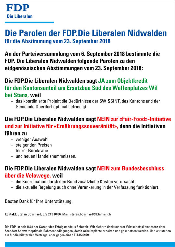 Abstimmungsparolen 23.09.2018 Abstimmungsparolen 23.09.2018