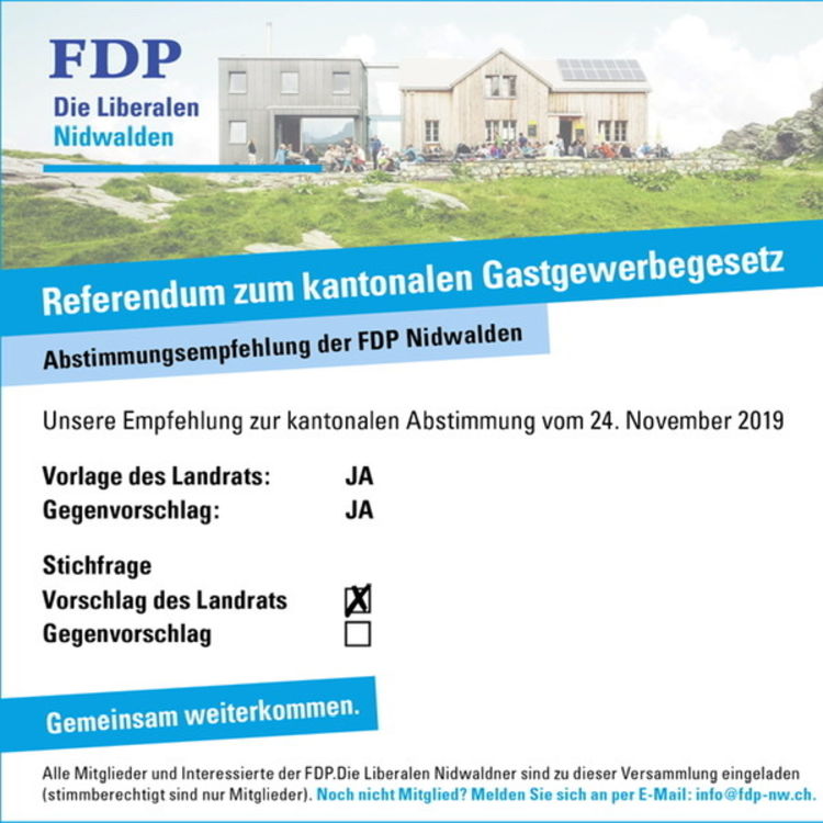 Revision Gastgewerbegesetz: FDP Nidwalden sagt JA zur Vorlage des Landrats